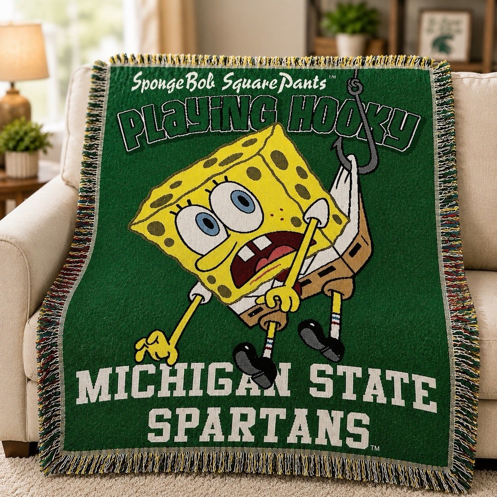 Vintage 2003 SpongeBob SquarePants Michigan State Spartans Woven Throw Blanket
